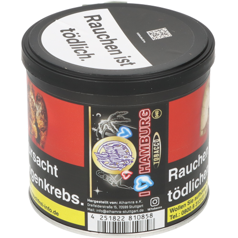 187 Tobacco 200 g I Love Hamburg, Beerenmix/Honigmelone/Wassermelone/Passionsfrucht Frontansicht World of Smoke