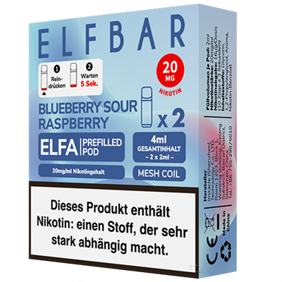 2x ELF BAR ELFA Pods Blueberry Sour Raspberry 20mg/ml Frontansicht World of Smoke 