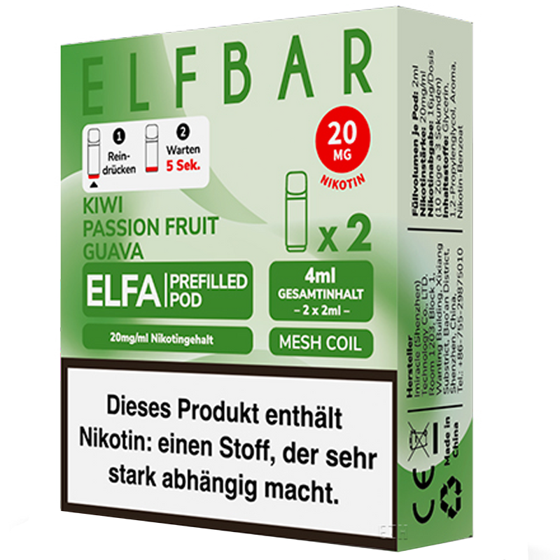 2x ELF BAR ELFA Pods Kiwi Passion Fruit Guava 20mg/ml Frontansicht World of Smoke