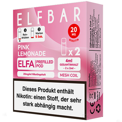 2 ELF BAR ELFA Pods Pink Lemonade 20mg/ml Frontansicht World of Smoke