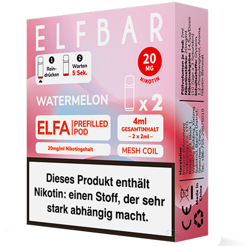 2x ELF BAR ELFA Pods Watermelon 20mg/ml Frontansicht World of Smoke