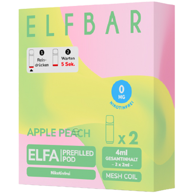 2x ELFBAR ELFA CP Pods Nikotinfrei Apple Peach 0mg/ml Frontansicht World of Smoke