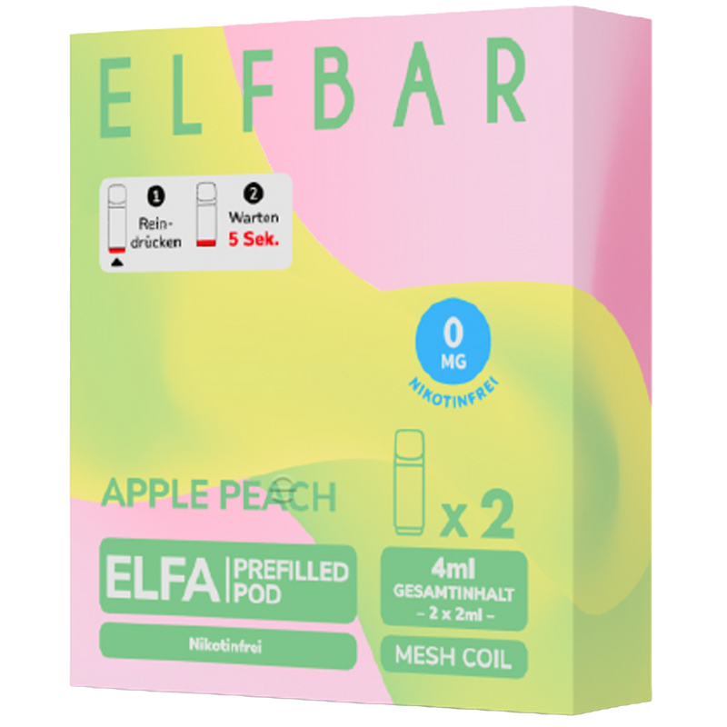 2x ELFBAR ELFA CP Pods Nikotinfrei Apple Peach 0mg/ml Frontansicht World of Smoke