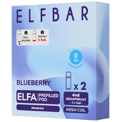 2x ELFBAR ELFA CP Pods Nikotinfrei Blueberry 0mg/ml Frontansicht World of Smoke