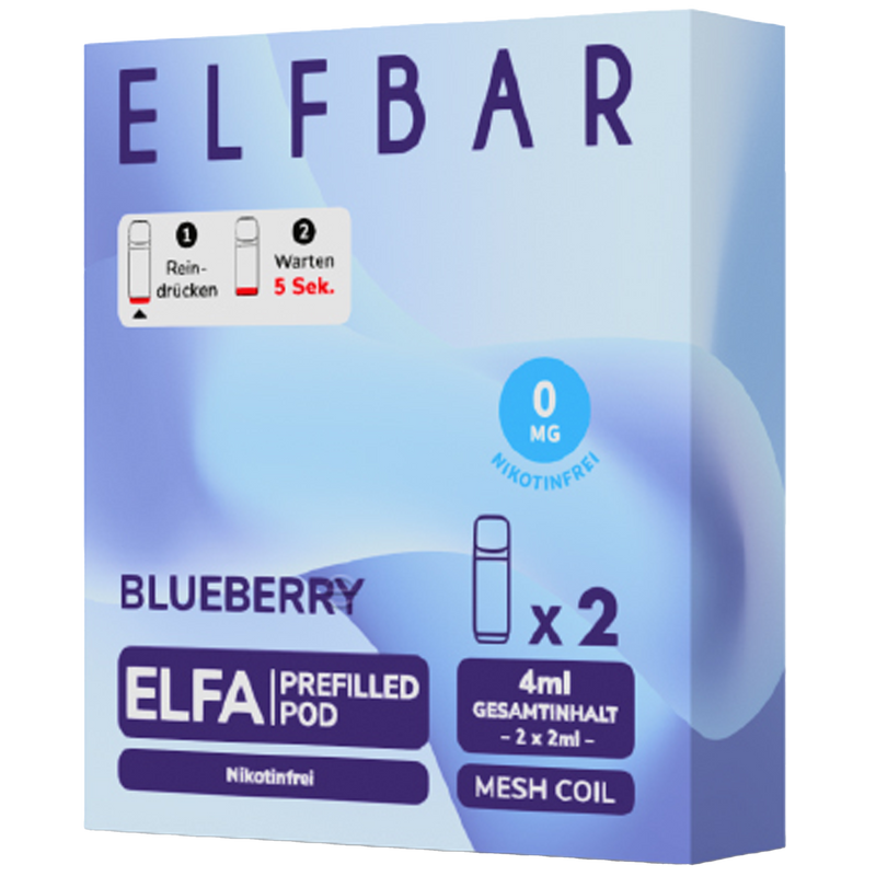 2x ELFBAR ELFA CP Pods Nikotinfrei Blueberry 0mg/ml Frontansicht World of Smoke