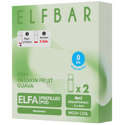 2x ELFBAR ELFA CP Pods Nikotinfrei Kiwi Passion Fruit Guava 0mg/ml Frontansicht World of Smoke