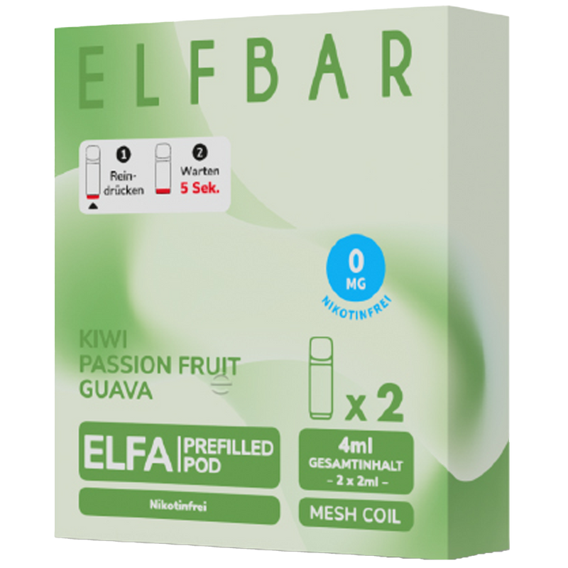 2x ELFBAR ELFA CP Pods Nikotinfrei Kiwi Passion Fruit Guava 0mg/ml Frontansicht World of Smoke