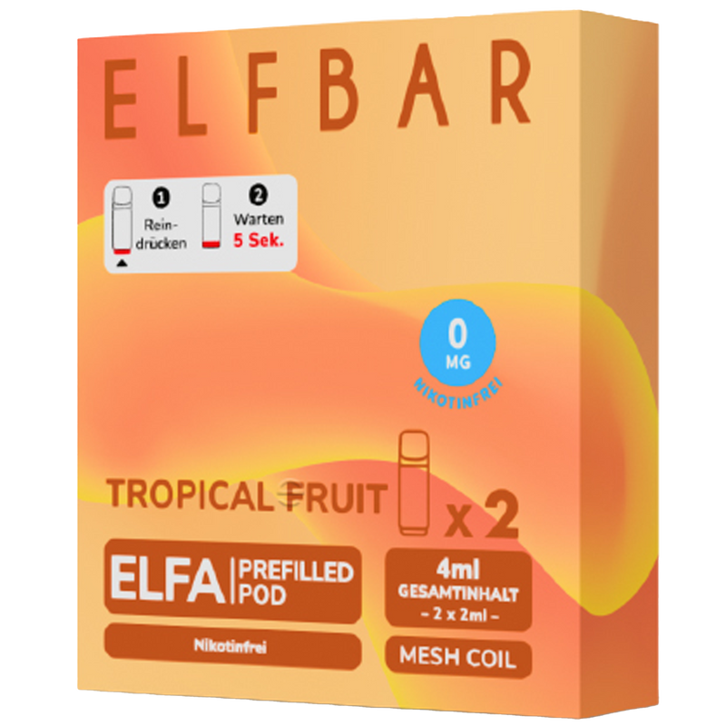 2x ELFBAR ELFA CP Pods Nikotinfrei Tropical Fruit 0mg/ml Frontansicht World of Smoke