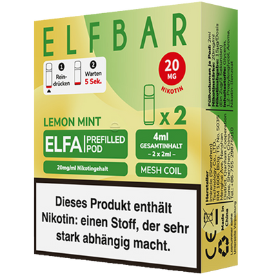 2x ELFBAR ELFA CP Prefilled Pod Lemon Mint 20mg/ml Frontansicht World of Smoke