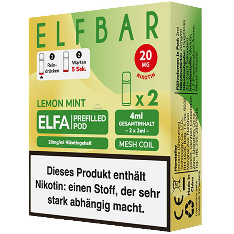 2x ELFBAR ELFA CP Prefilled Pod Lemon Mint 20mg/ml Frontansicht World of Smoke