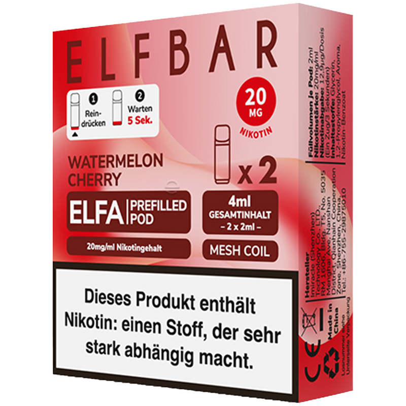 2x ELFBAR ELFA CP Prefilled Pod Watermelon Cherry 20mg/ml  Frontansicht World of Smoke