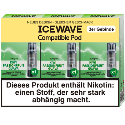 3x ICEWAVE Pod Kiwi Passionfruit Guava 20mg/ml ca. 700 Züge/Pod Frontansicht World of Smoke