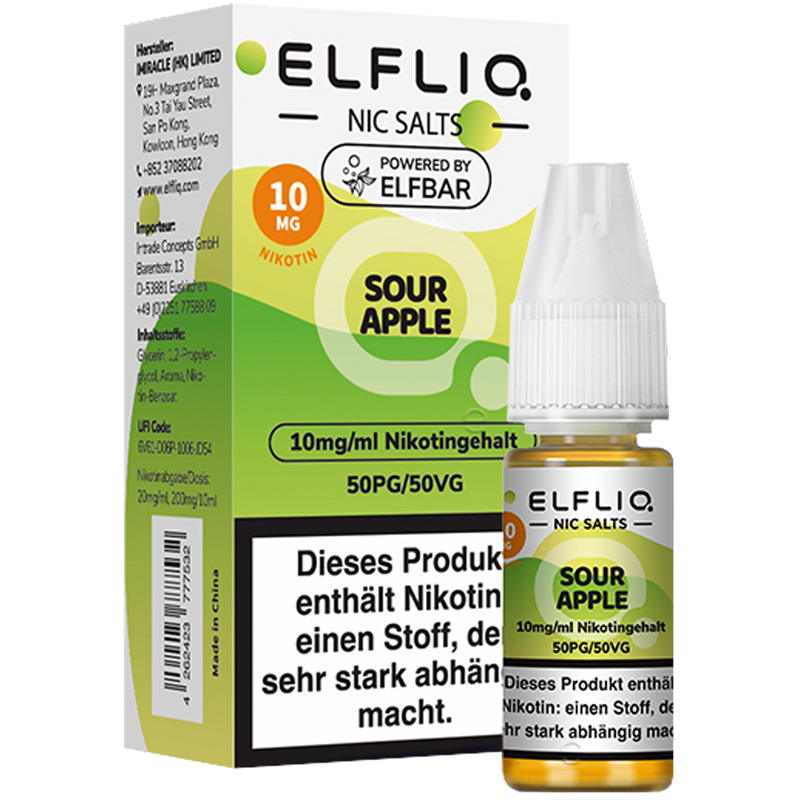 ELFBAR Elfliq 10mg SALT Liquid Sour Apple 10ml Frontansicht World of Smoke