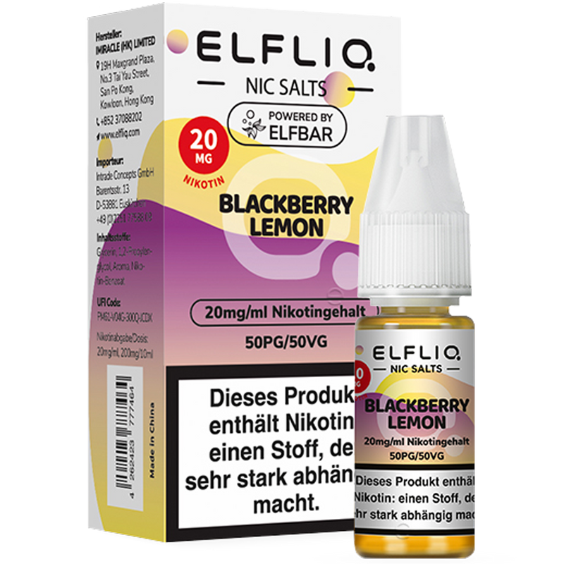 ELFBAR Elfliq 20mg SALT Liquid Blackberry Lemon 10ml Frontansicht World of Smoke