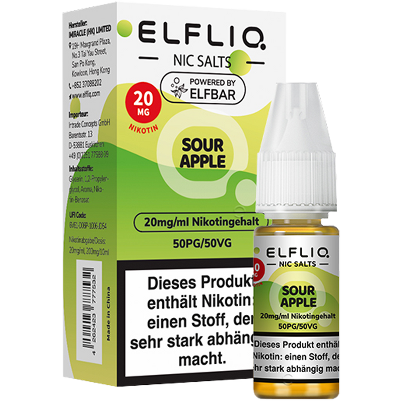 ELFBAR Elfliq 20mg SALT Liquid Sour Apple 10ml Frontansicht World of Smoke