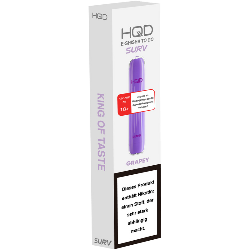 HQD SURV Einweg E-Zigarette Grapey 18mg/ml, 600 Züge Frontansicht World of Smoke