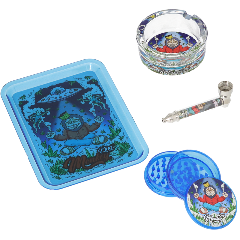 Monkey King Set Grinder 3tlg Pipe Ascher Tray Weltraum Detailansicht World of Smoke